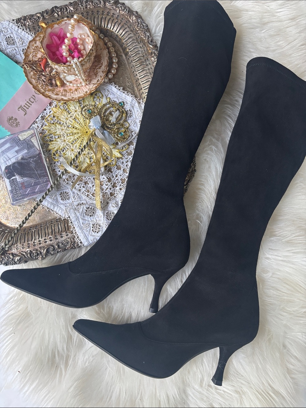 Stuart Weitzman Designer Suede Tall Boots Black 5.5 Kitten Heel Pointed Toe Cute